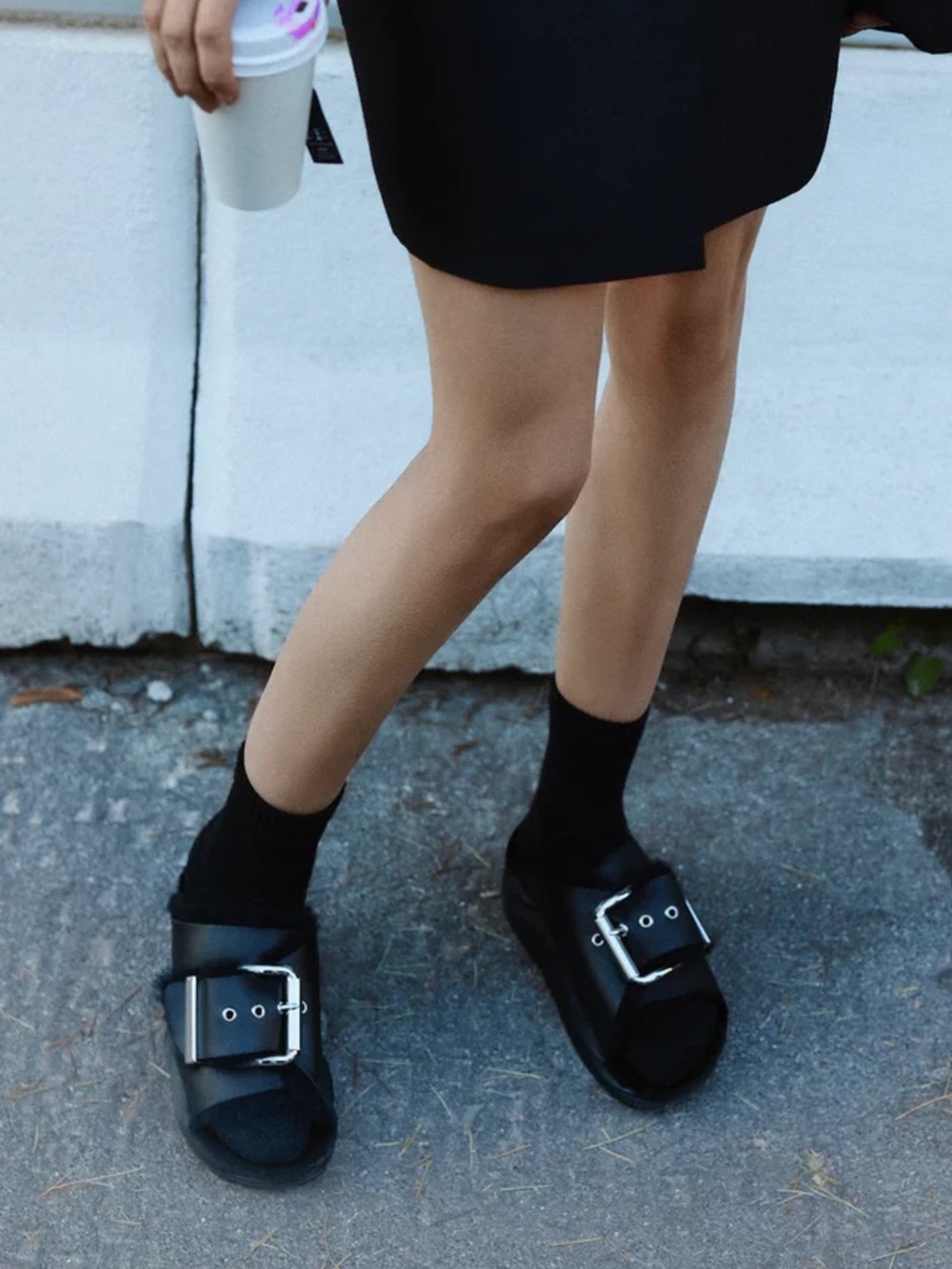 New $295 Mellow Shearling Laze Slide Black Nappa Well Heeled sz 38 fur slides